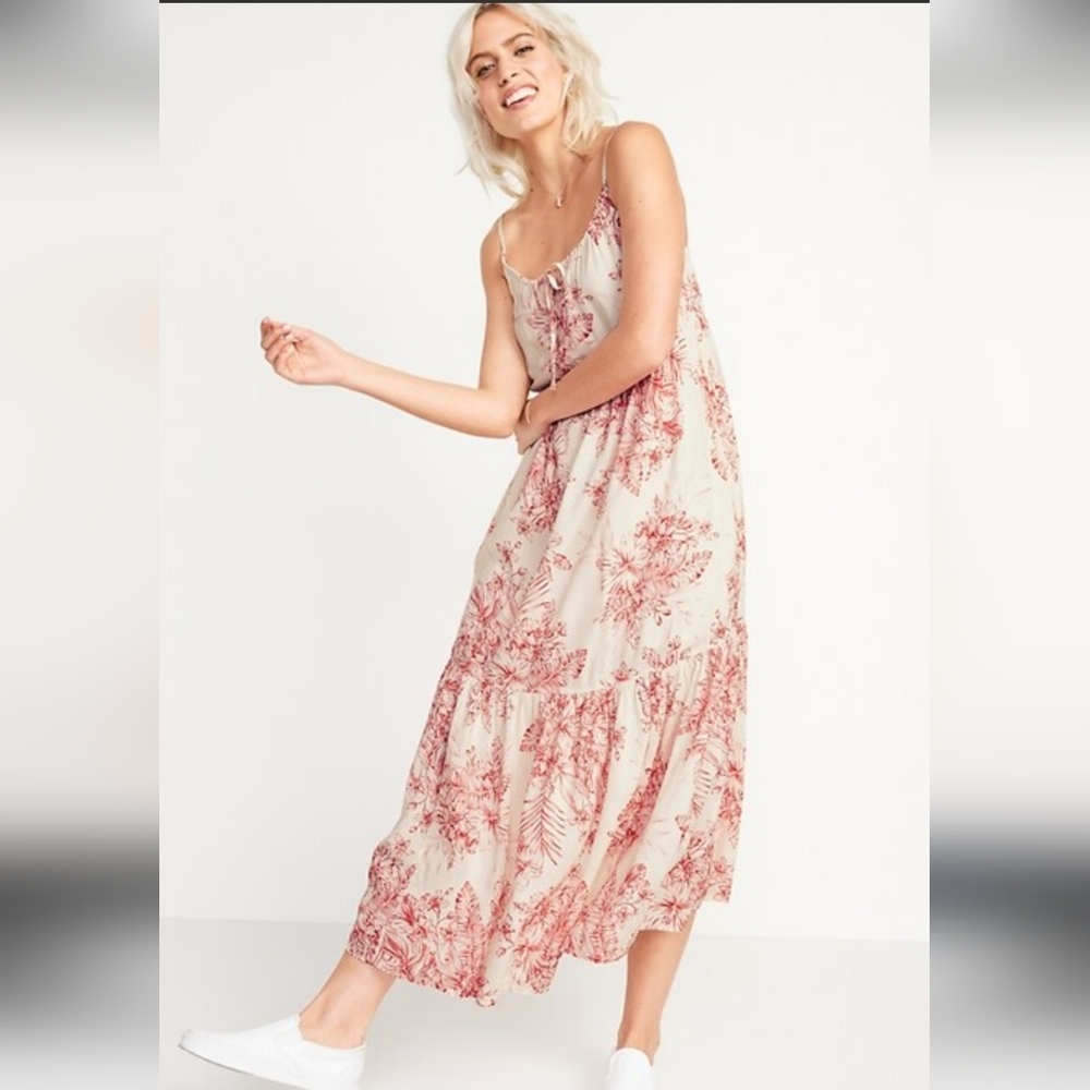 Floral Red White Red Maxi Dress Swing Sundress Flowy Old Navy M Straps Casual